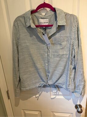 Lola River Striped Tie-Hem Button-Up Shirt - teal & White NWT